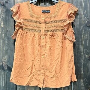 On Twelfth‎ Eyelet Ruffle Boho Top S Orange Button Up Flutter Sleeve Babydoll